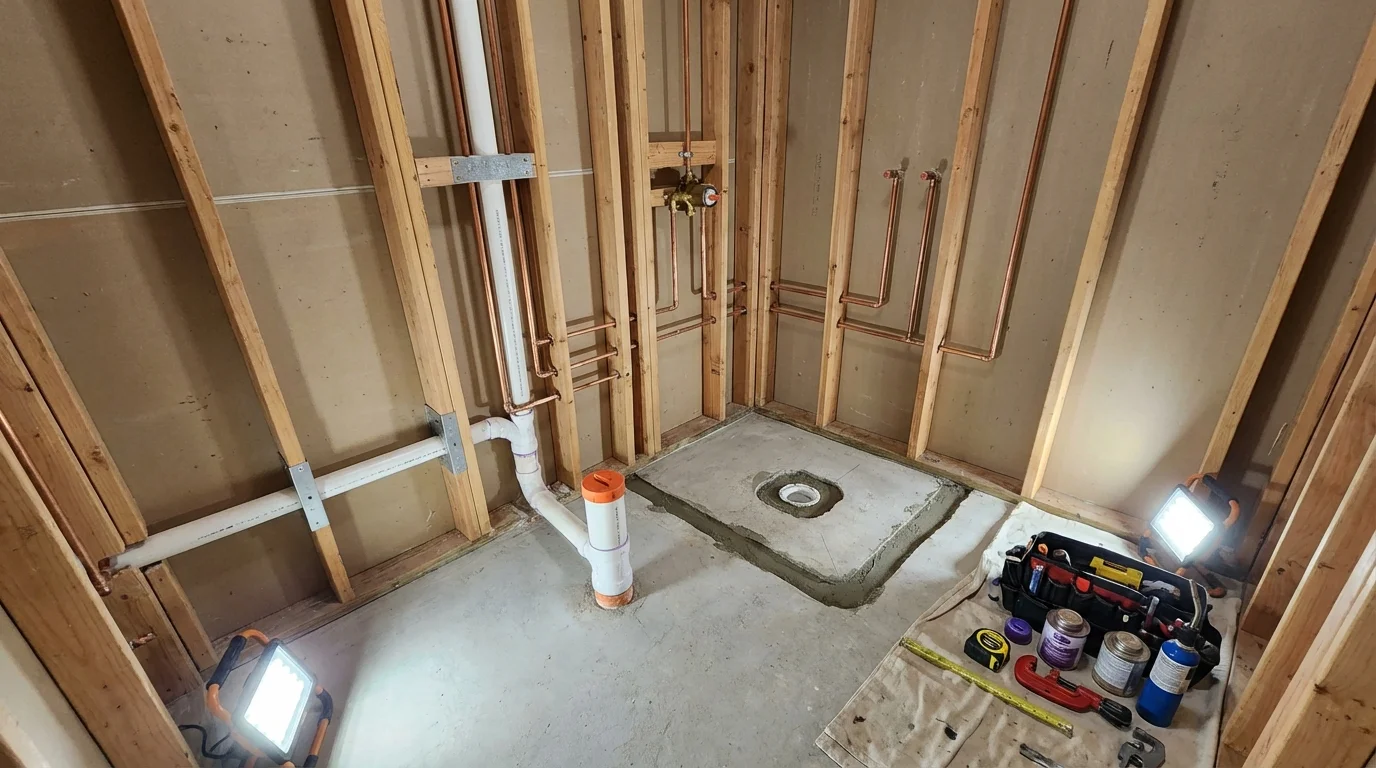 Bathroom rough-in plumbing during remodel by Johns Plumbing LLC in Thorsby