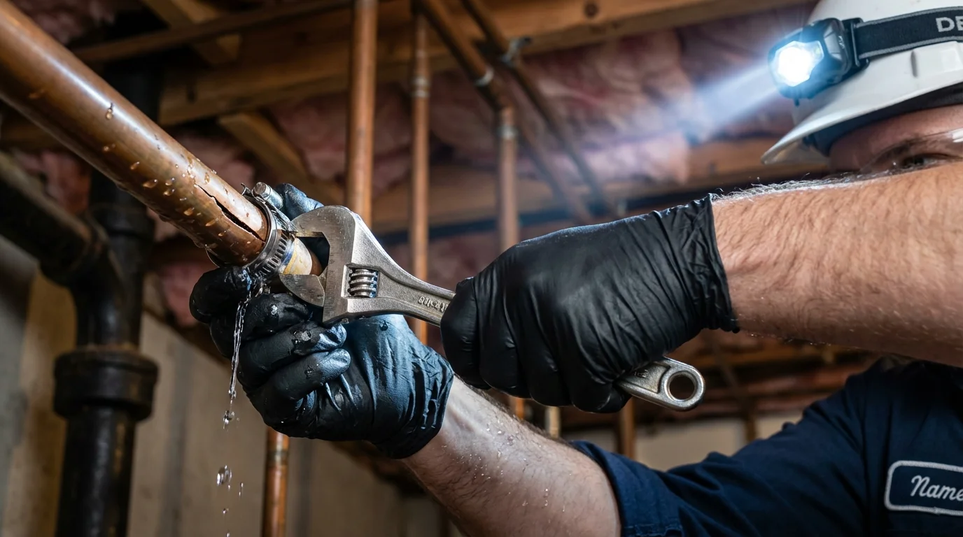 Emergency pipe clamp repair being performed by a Johns Plumbing LLC plumber in Thorsby