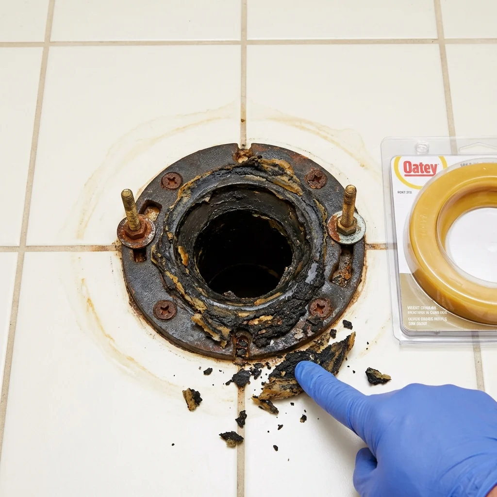 Failed wax ring showing water seepage at the base of a toilet in a Thorsby, AL home