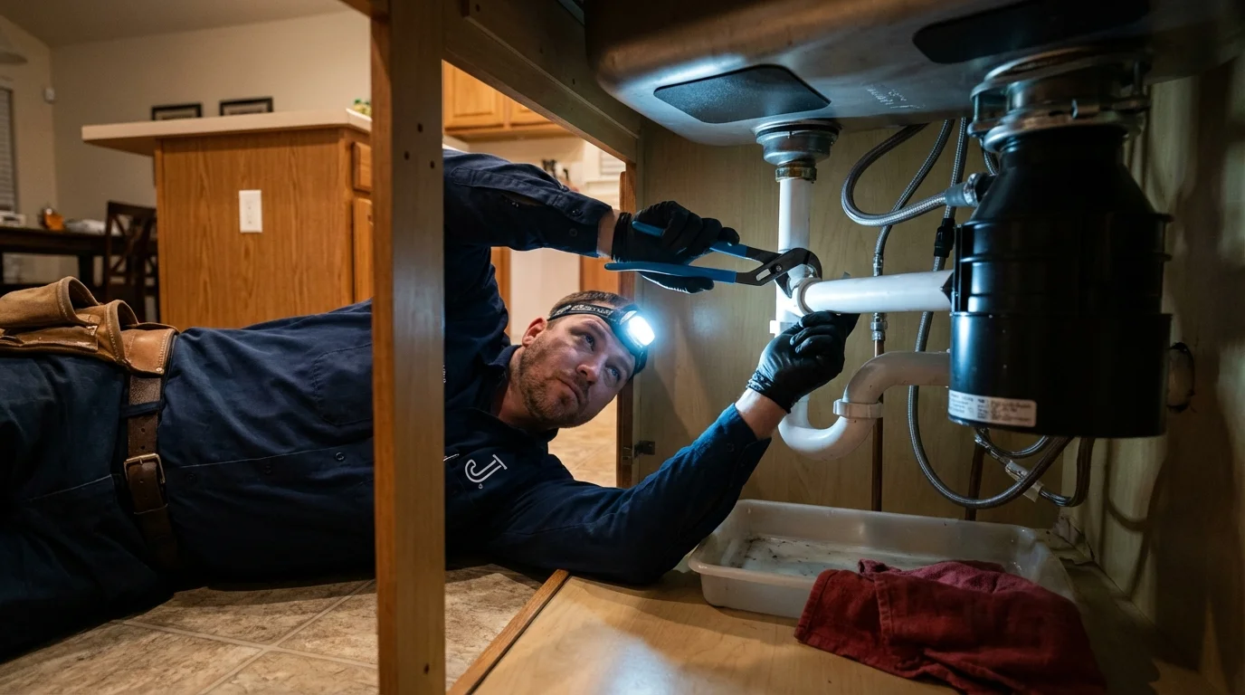 P-trap and supply line connections under a kitchen sink showing a common leak point in Thorsby, AL